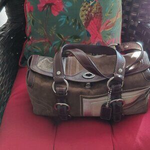 Coach Brown Suede & Metallic Leather Chelsie Op Art Satchel Bag